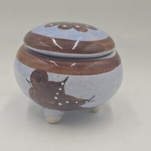 Vtg Tonala Mexican Folk Art Pottery Round Flower Glazed Lid Footed Trinket Bowld